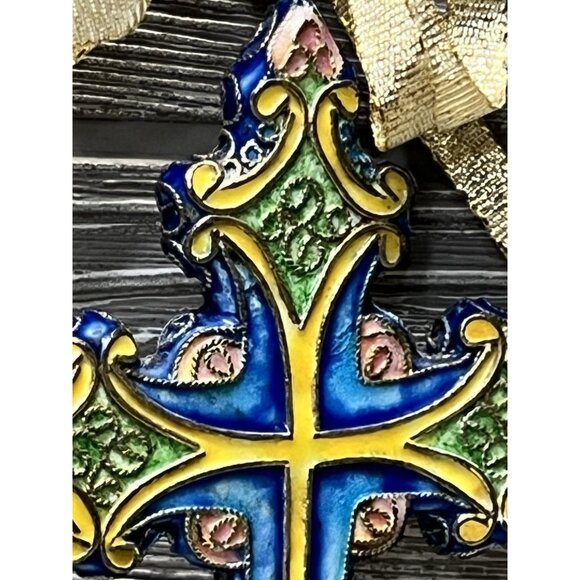 Metallic Cross Christmas Ornament 6” Blue Yellow Gold Ribbon Unique Hand Painted - Picture 6 of 12